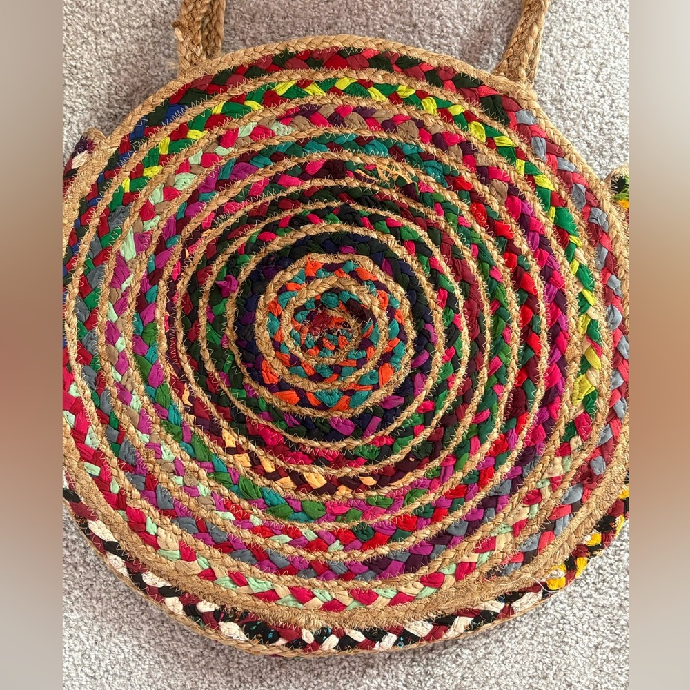Boho Multicolor Woven Straw Round Tote Bag Large Market Beach Bag - Picture 4 of 7